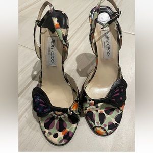 JIMMY CHOO Black Satin Abstract Side Cutout Sling Back High Heel Sandals 40 1/2